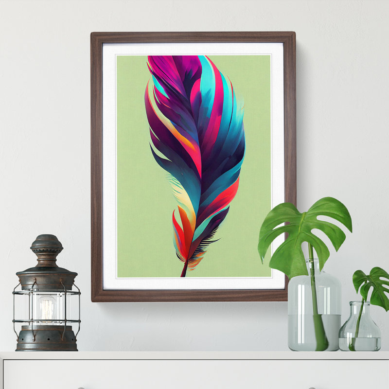 Colourful Feather No.3 - Wall Art, 66cm H x 48cm W x 2cm D, Walnut Framed, White