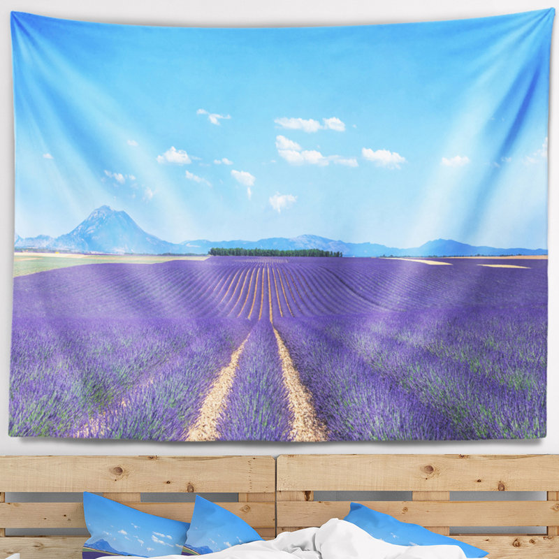 Paysage, lavande, tapisserie, champs et arbres en fleurs, H 78 po x l 92 po