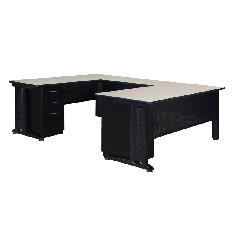 Nevjana Fusion U-Shaped Desk with Double Pedestal Drawer, Érable, H 29 po x l 66 po x P 96 po