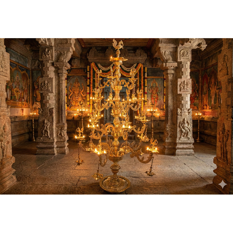 66" Extra Large Fully Carved Brass Peacock Annam Lamp - Handmade South Indian Temple Multi-Tier Oil Lamp for Grand Entrance Hotel Lobby Decor