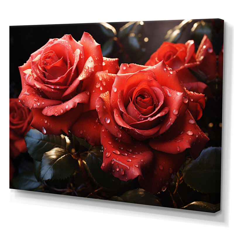 Roses rouges et noires lustrées du matin, H 12 po x l 20 po x P 1 po, Toile tendue