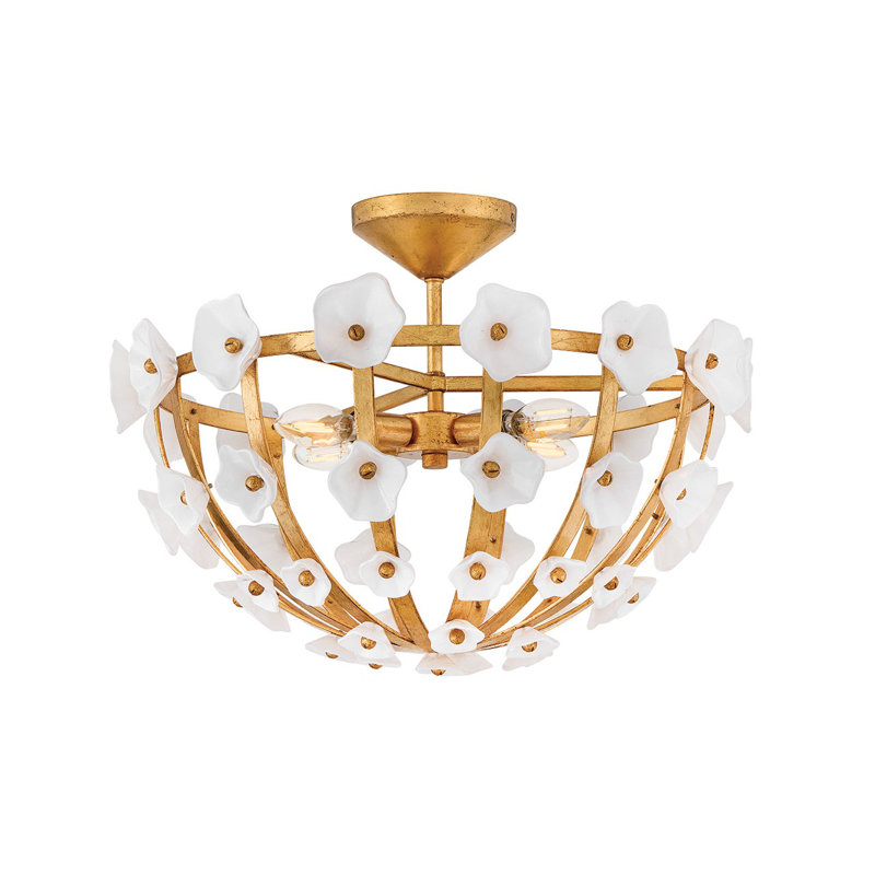 Distressed Brass and White Glass Floral LED Semi-Flush Mount