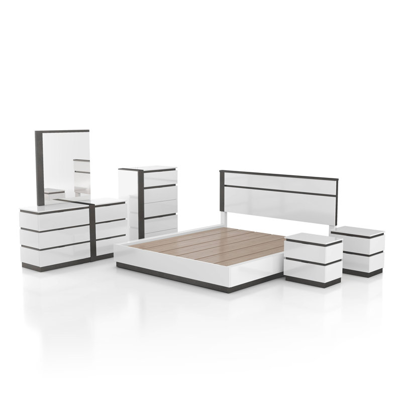 Carilla Wood 6-Piece Bedroom Set, King, 6 Pcs: Bed, 2 Nightstands, Dresser, Chest, Mirror