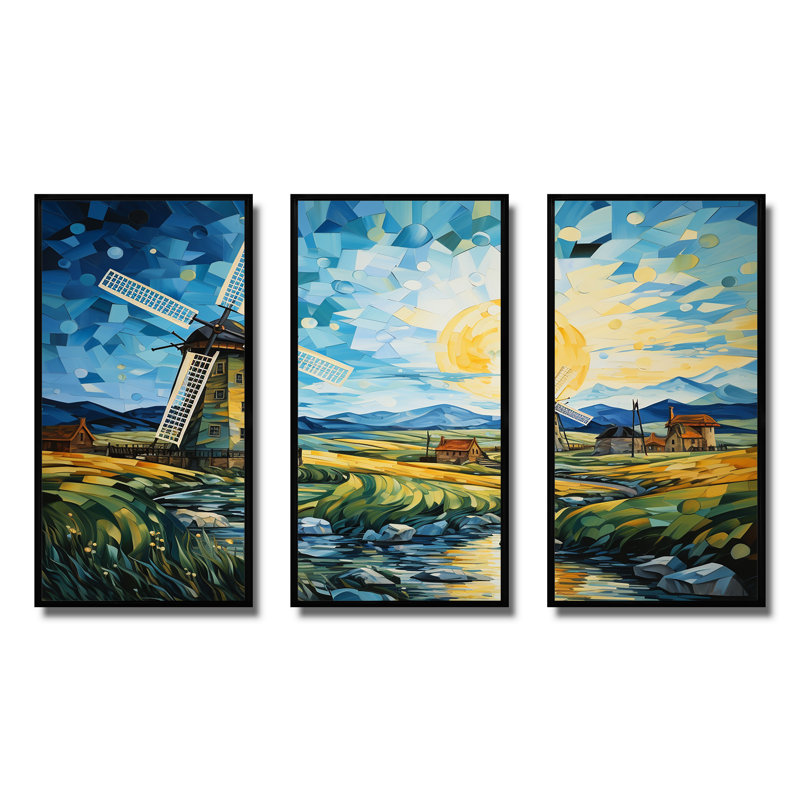 Blue Calm Windmill Meadows - Wind Turbines, art mural, H 28 po x l 36 po, Cadre flottant noir