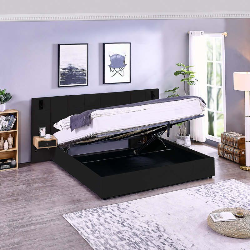 Lit plateforme tapissier hydraulique avec 2 tablettes de rangement, 2 lampes de lecture et port USB, Noir, noir, noir, noir