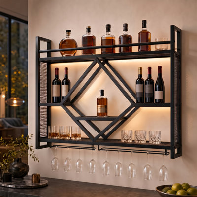 Wall‑Mounted Metal Wine Rack With LED Light & Glass Holder