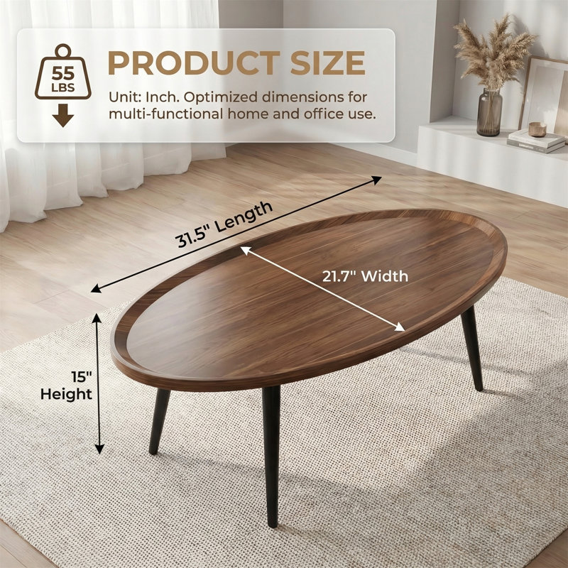 Table basse ovale, avec placage en noyer et pieds en métal, surface imperméable et résistante aux rayures, style Mid-Century moderne