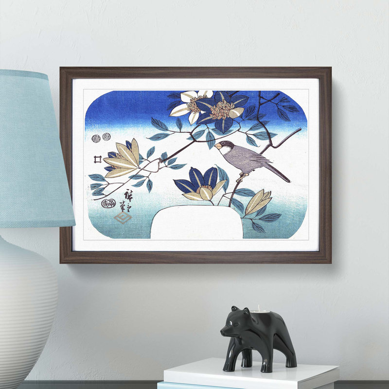 Bird and Clematis Flowers by Utagawa Hiroshige - Framed Print, 24cm H x 33cm W x 2cm D, Walnut Framed