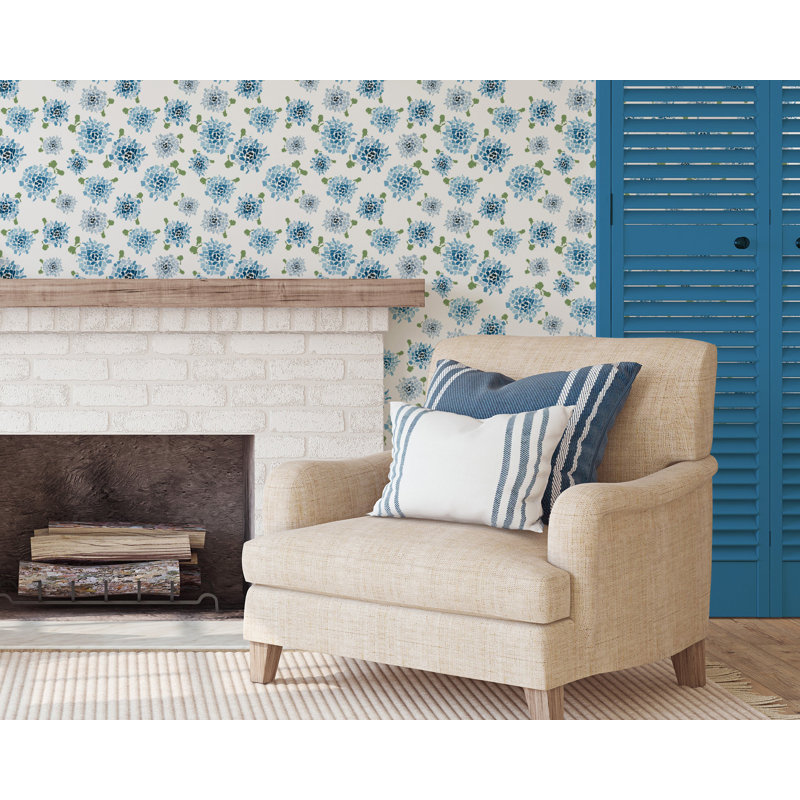 Fifty States Hydrangea 10' L x 24" W Wallpaper Roll, Blue, Premium Paper
