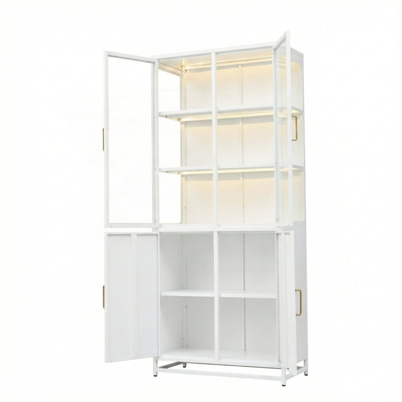 Vitrine en acier et verre avec vue panoramique à 180 ° et lumières DEL, White