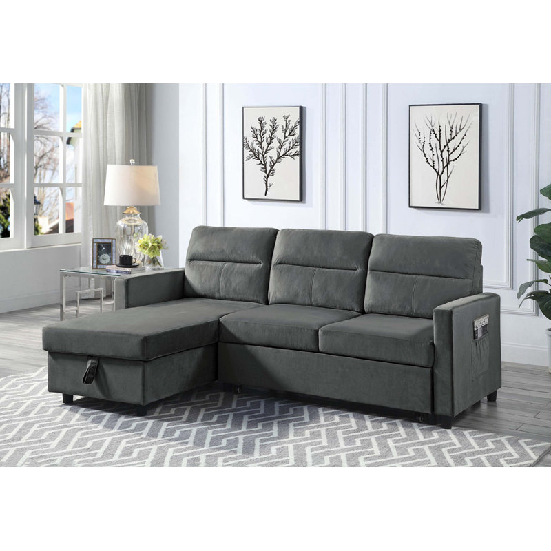 Canapé modulaire en velours réversible de 81,5 po avec méridienne et rangement latéral Ivy, Velours - gris foncé