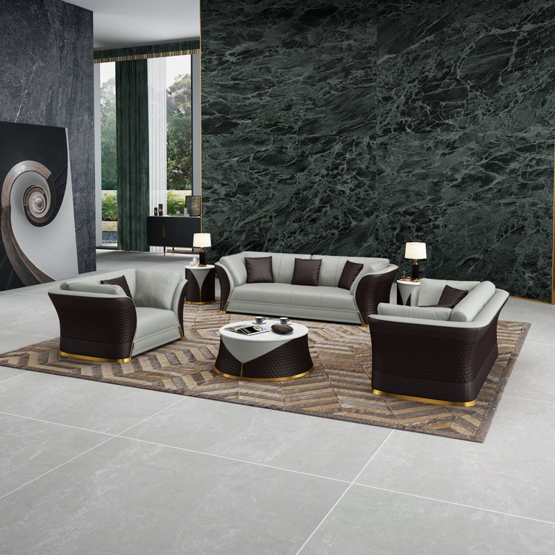 Vogue 3 - Piece Living Room Set, Gray/Brown Genuine Leather