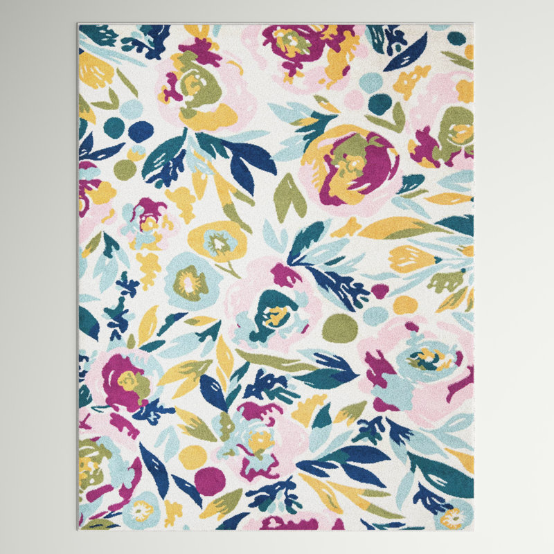 Holle Floral Area Rug, Rectangle 7'10" x 10', White/Navy Blue/Yellow