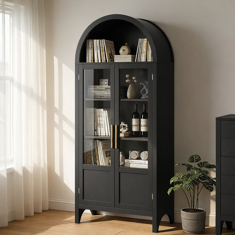71" Tall Arched Wooden Display Cabinet with Doors, Black