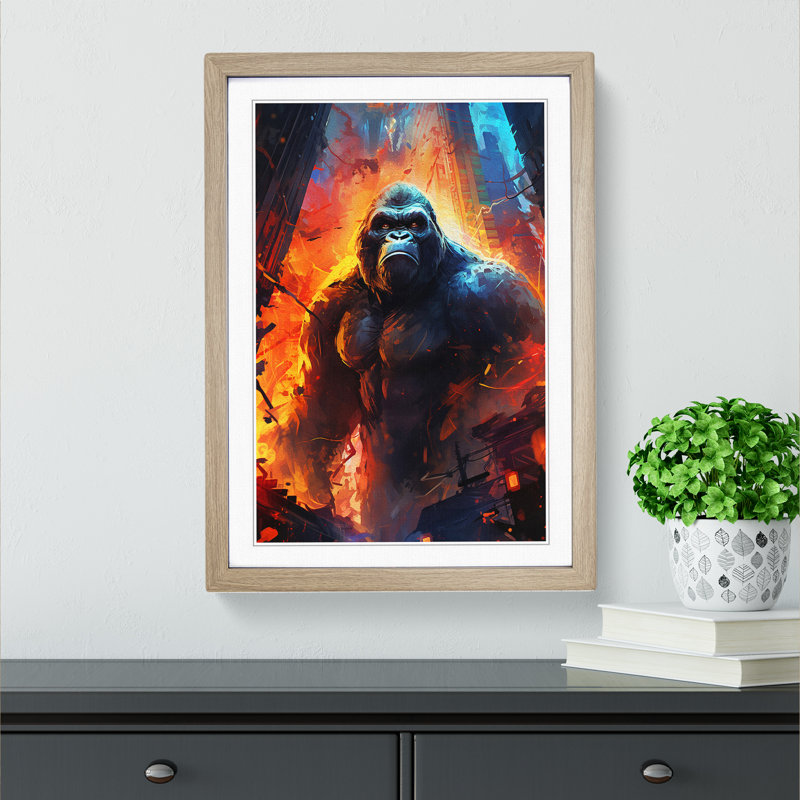 XYZ-FRM-V1223-3934 King Kong Futurism - Single Picture Frame Print on Wood, 46cm H x 34cm W x 2cm D, Oak Framed