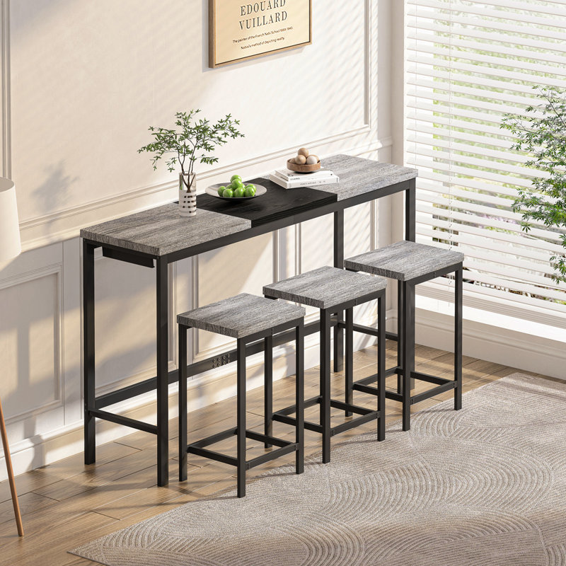 Modern Design Kitchen Dining Table, Pub Table, Long Dining Table Set With 3 Stools, Convenient Hanging Stool Design, Grey+Black