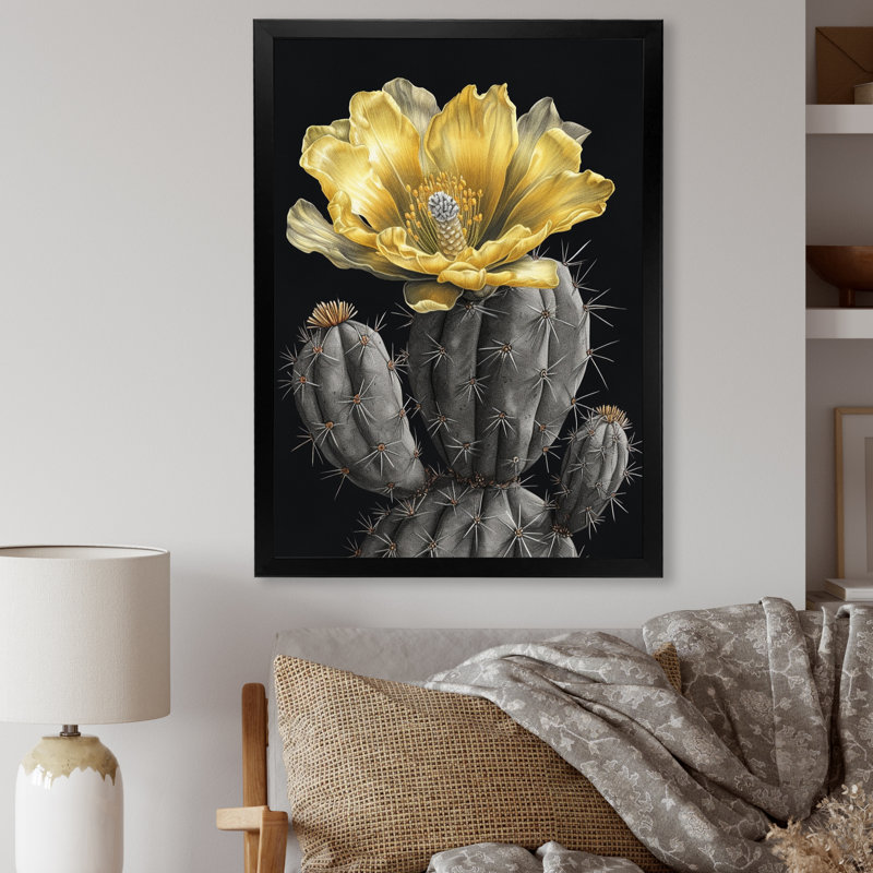 «Roylee Yellow Green Cactus Flower V», reproduction sur toile, H 32 po x l 16 po x P 1 po, Cadre photo noir