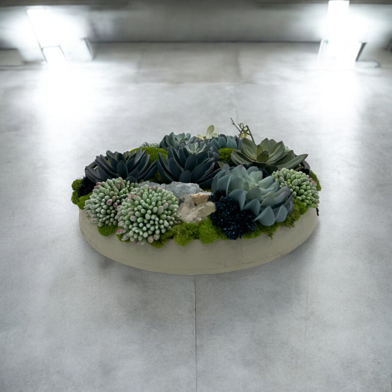 Design succulent dans un vase circulaire en bois blanc cassé avec poignées noires | Faux succulent floral