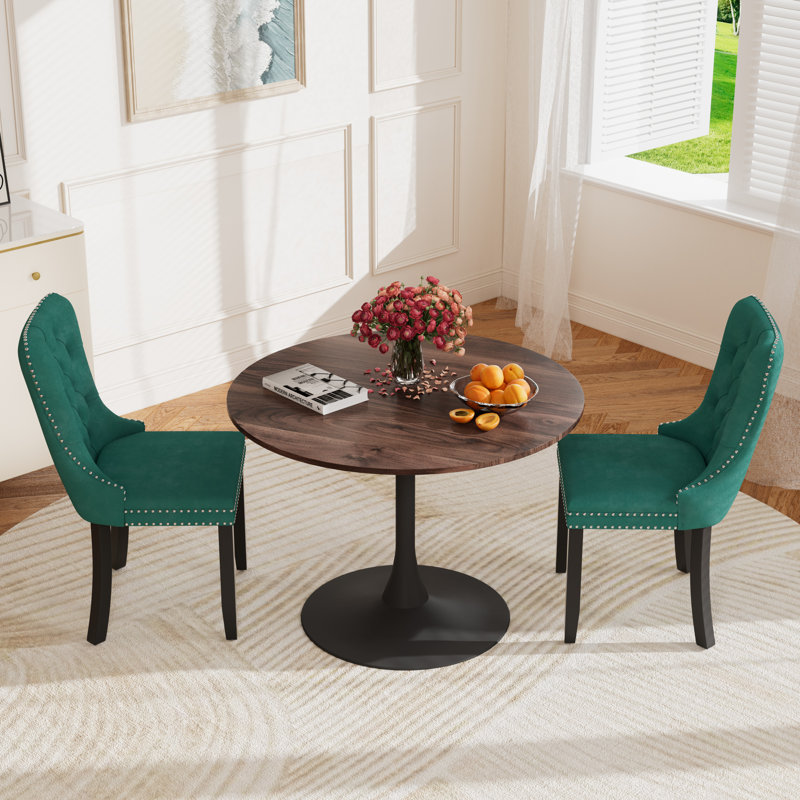 Round Pedestal Dining Set with 2 chairs, Brown/Black, Green