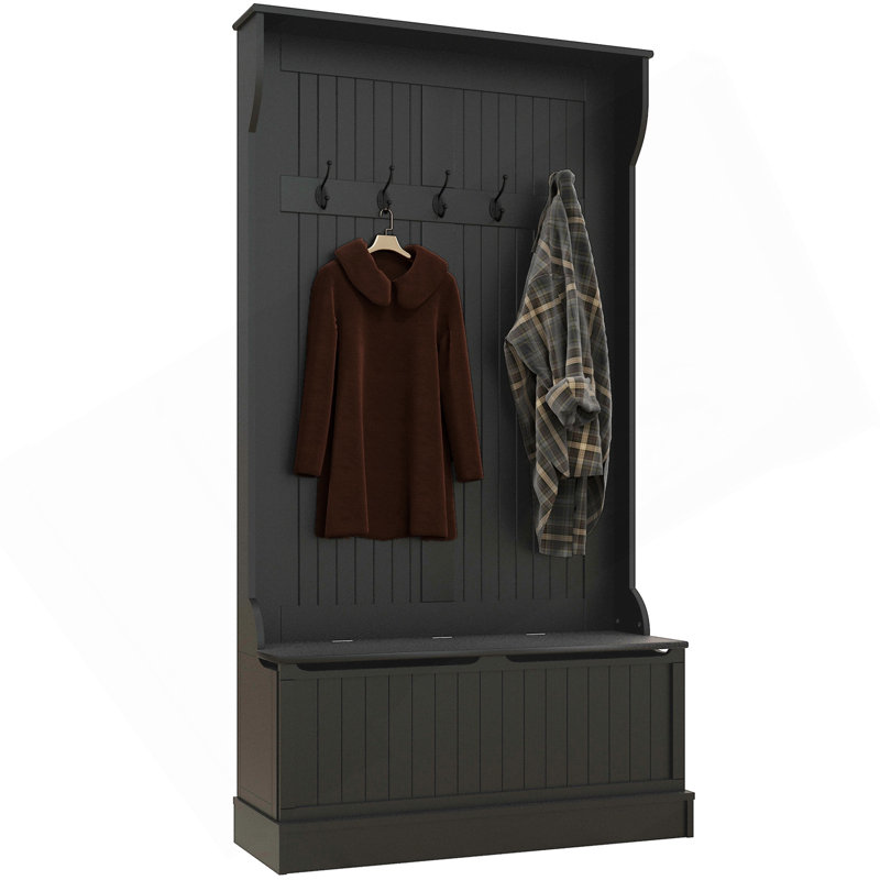 3-In-1 Entryway Hall Tree With Storage Bench, Coat Rack With Four Hooks And Shoe Storage, Black, Black