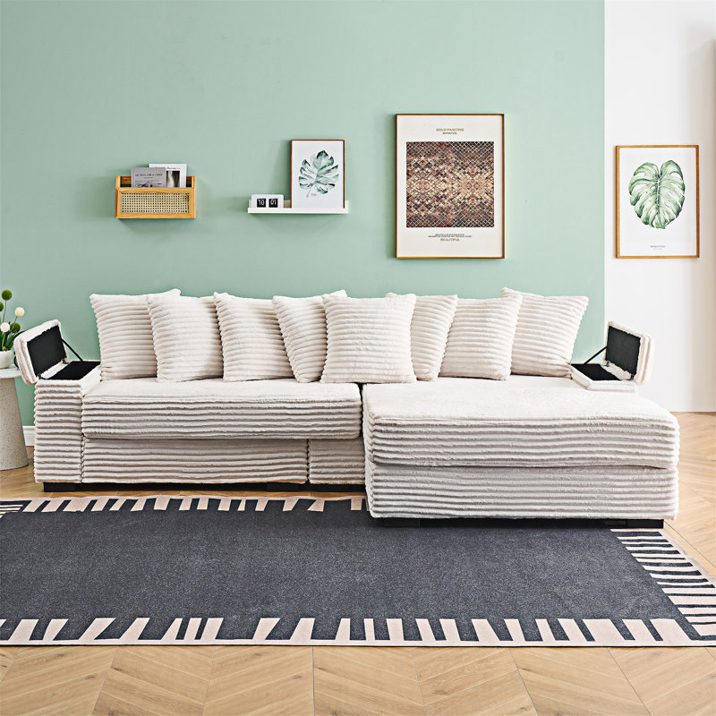 Canapé rembourré avec porte-gobelets et méridienne réversible, Beige