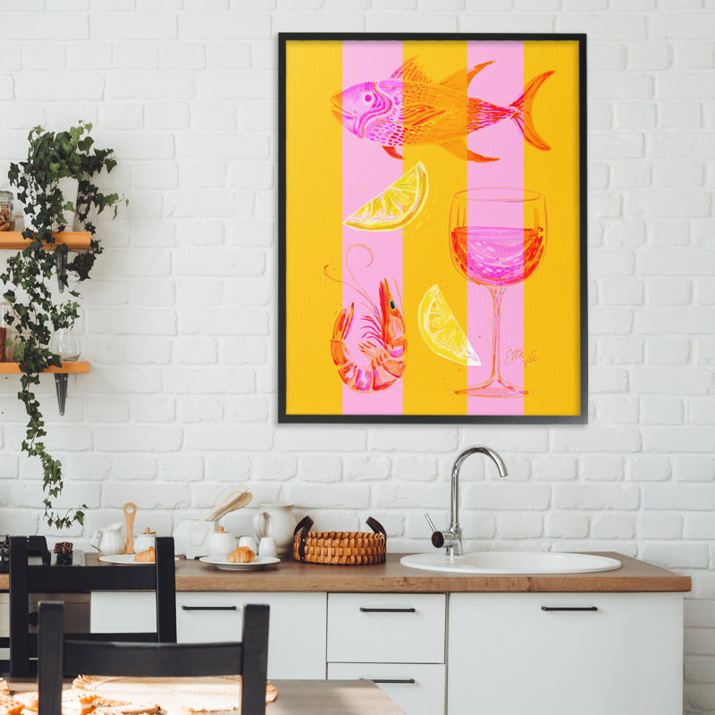 Estampe de fruits de mer d'été sur rayures, design par EttaVee, Giclée encadrée noir minuit, H 30 po x l 24 po