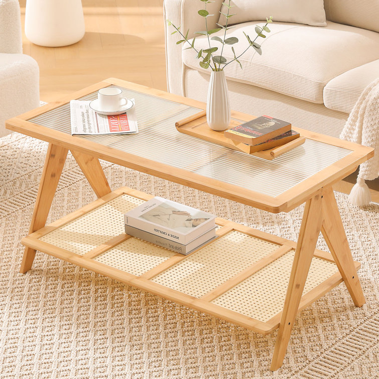 39.4" Glass Top Coffee Table with ABS Rattan Storage Shelf