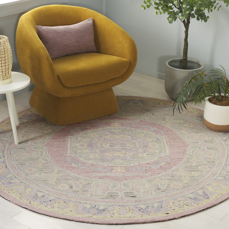 Tapis rose / beige en laine / coton touffeté à la main Savonnerie 401, Rond 6 pi