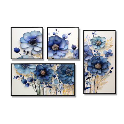 «Blue Charming Cornflowers Pointillism I», ensemble de 4 fleurs murales sur toile