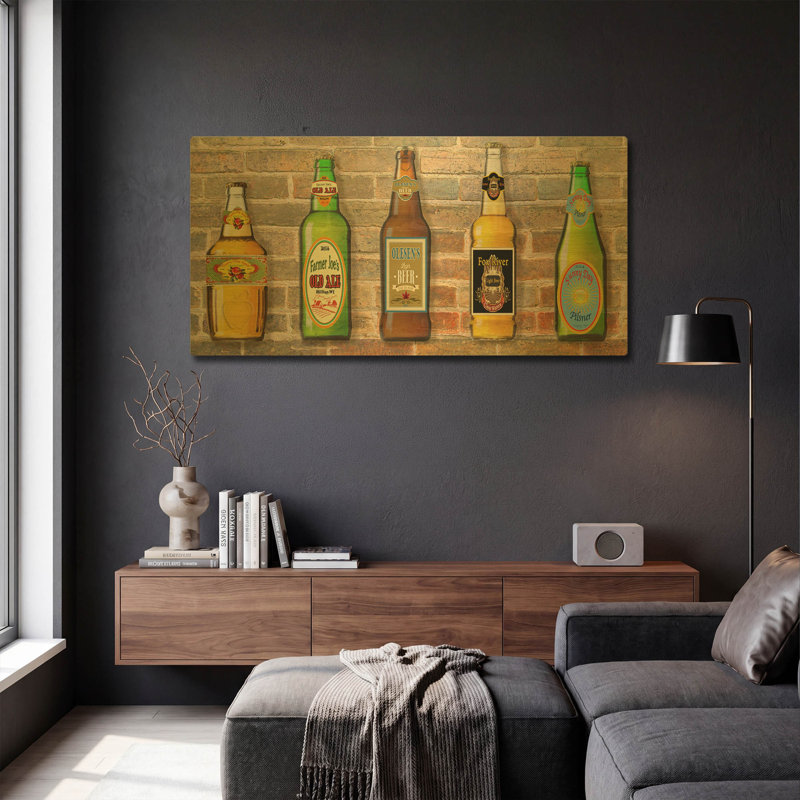 «Beer Bottle On Brick 5» par Jean Plout, art mural en métal doré, 48 po x 24 po, 48"x24"