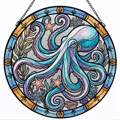 Octopus Design Stained Glass Window Panel，7.8H
