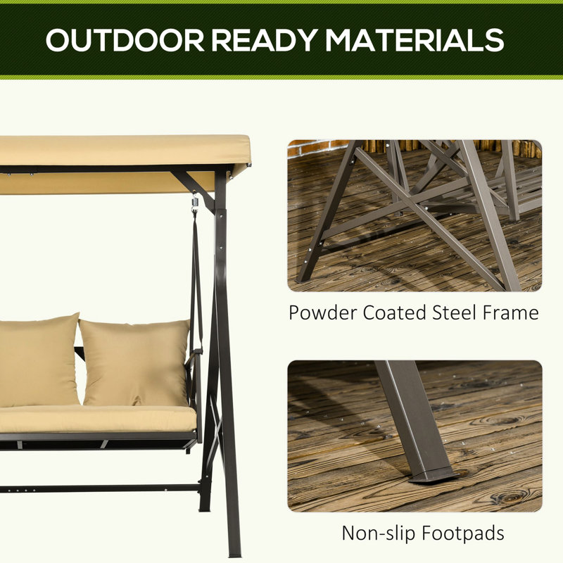 3 Backyard Swing With Canopy And Supportive Porch Cushion & Adjustable Canopy, Khaki - Ideal For Backyard, Porch, Poolside 74.13"l X 46.36"w