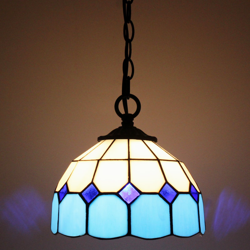 Petite lampe suspendue Tiffany en verre coloré à carreaux bleus blancs