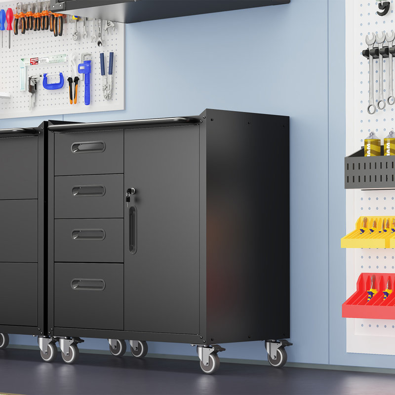 29.5” Wide Wheeled Removable Garage Storage Cabinet with Four Drawers for Partitioned Storage - Adjustable Shelf and Easy Movement