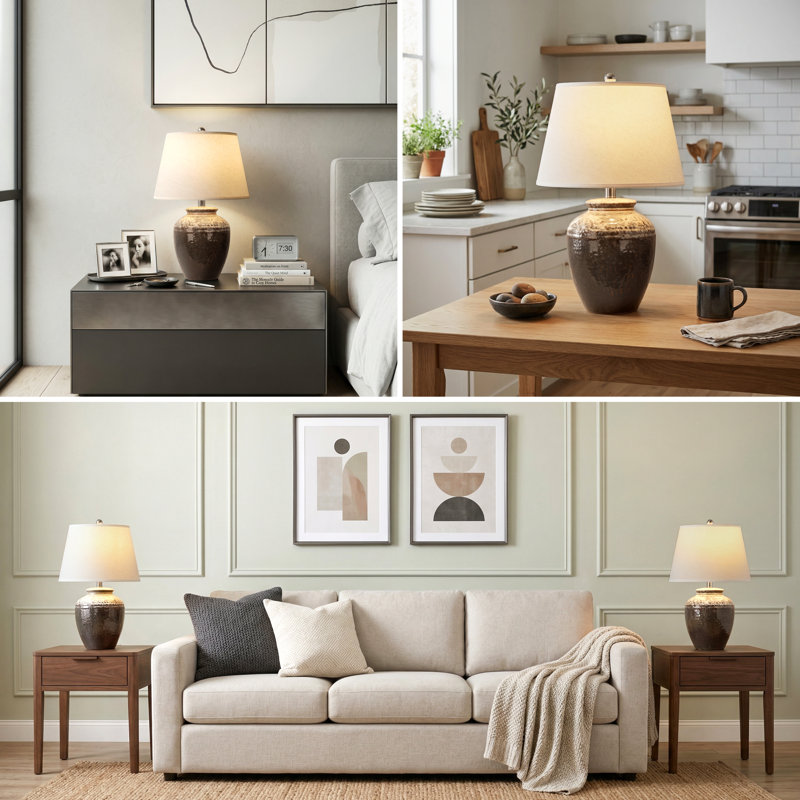 22in Rustic Ceramic Table Lamp With Linen Shade, Farmhouse Bedside Lamp For Living Room & Bedroom