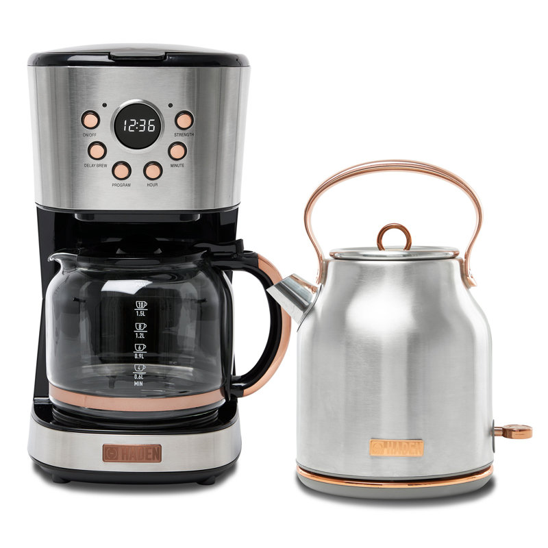 Haden Heritage 1.7 Liter Electric Kettle & 12 Cup Coffee Maker, Steel & Copper
