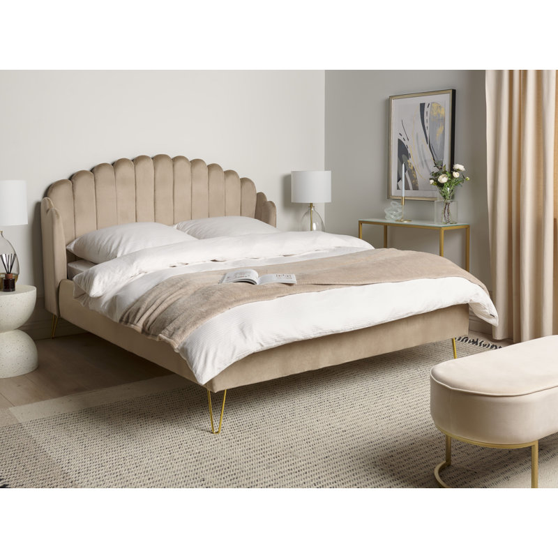 Azmina Upholstered Velvet Bed, European Kingsize (160 x 200cm), Beige/Gold