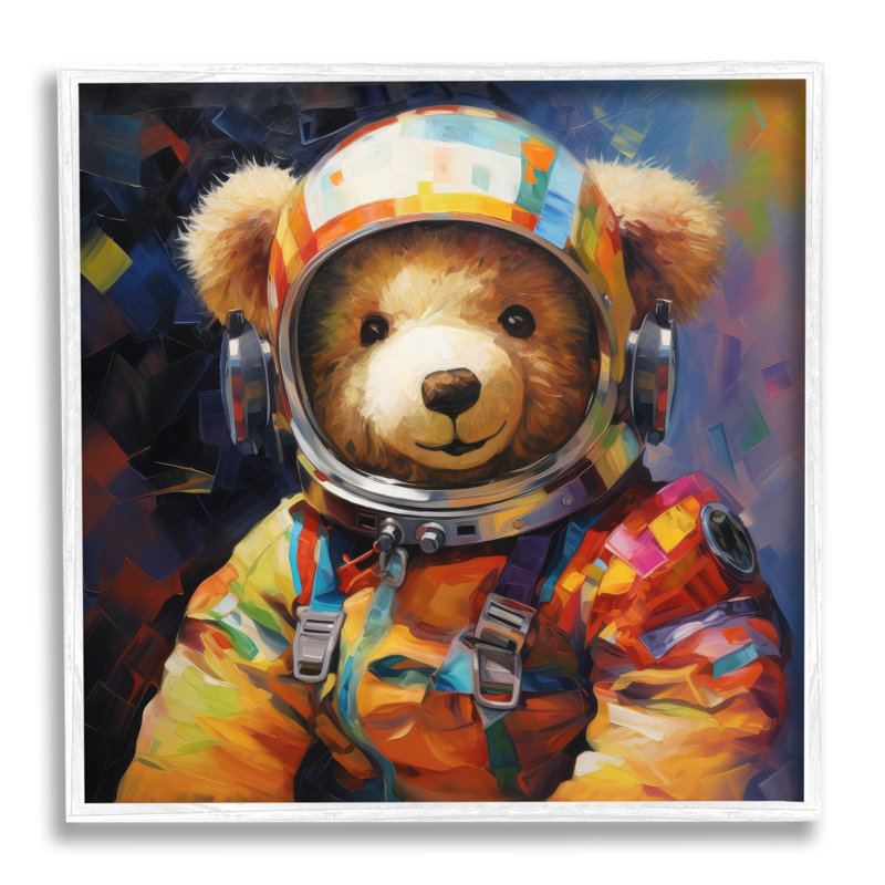 «Ba-976», encadré d'un ours en peluche, astronaute, encadré sur bois par Ray Powers, H 17 po x l 17 po x P 1,5 po
