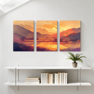 «Landscape & Nature Sunset Mountains Lake Reflection Birds Sky Gradient Colors», ensemble de 3 impressions sur toile