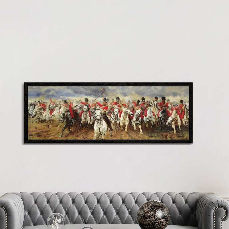 Scotland For Ever! 1881 by Lady Butler - Panoramic Painting on Canvas, Black Framed, 50.8cm H x 152.4cm W x 3.81cm D