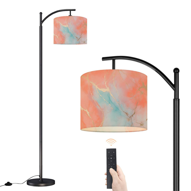 Lampe sur pied à arc avec abat-jour réglable en marbre abstrait, corail, rose, bleu sarcelle, bleu, or, veines, lampe sur pied, 3 températures de couleur, intensité variable, grand mât avec interrupteur au pied pour la chambre à coucher