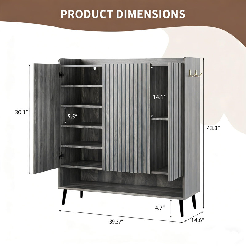 Grande armoire à chaussures avec portes, armoire de rangement à 3 portes avec tablettes et crochets réglables, Bois gris