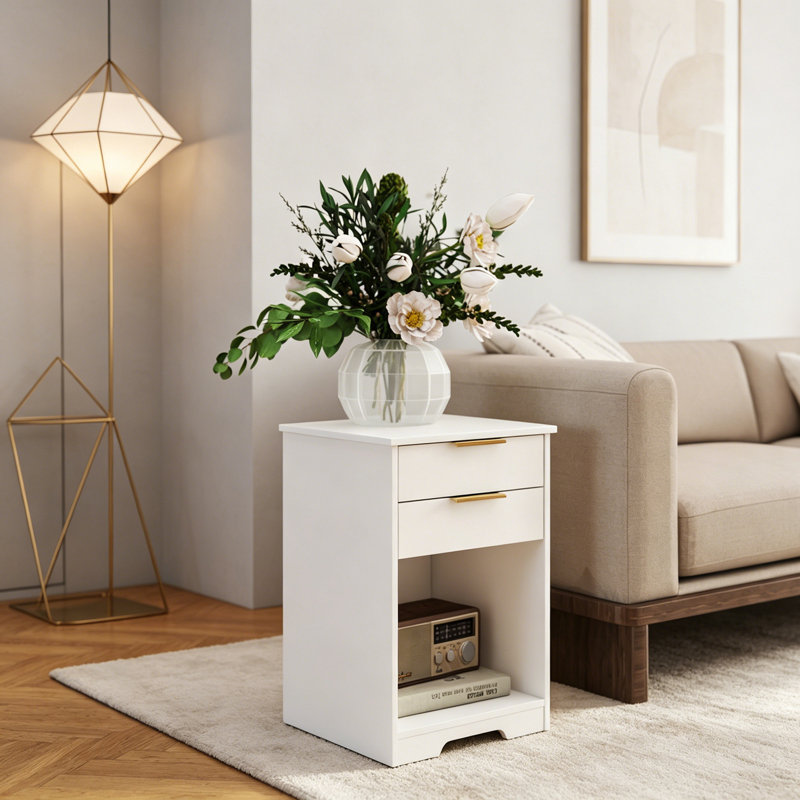 Table de chevet avec 2 tiroirs, table de bout, table de chevet avec espace ouvert, poignée dorée, design Morden, pour salon, chambre à coucher, assemblage facile