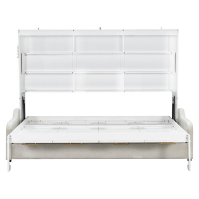 Queen Size Murphy Cabinet Bed with Folding Sofa,Built-in Storage Shelves and LED Light,Beige(ETA:2/17)