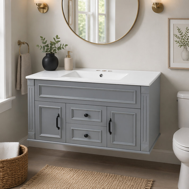 Armoire de salle de bain murale 36 pouces avec lavabo et tiroirs en céramique, Gray