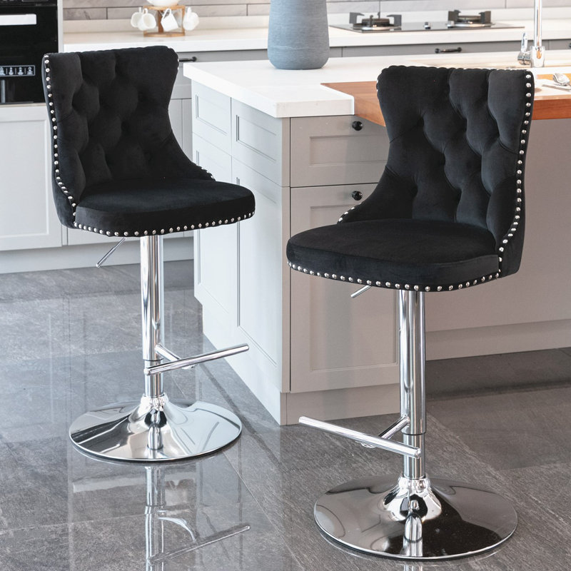 Rondel Swivel Upholstered Adjustable Height Counter Stool with Solid Wood Frame, Black