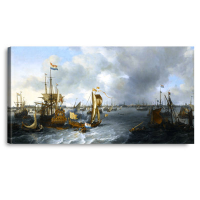 Le Port dAmsterdam vu de lIj,1666 by Ludolf Backhuysen Sailboat Warship Painting Reproductions Reproductions,Giclee Canvas Prints Wall Art for Home Decor,36x18 inches