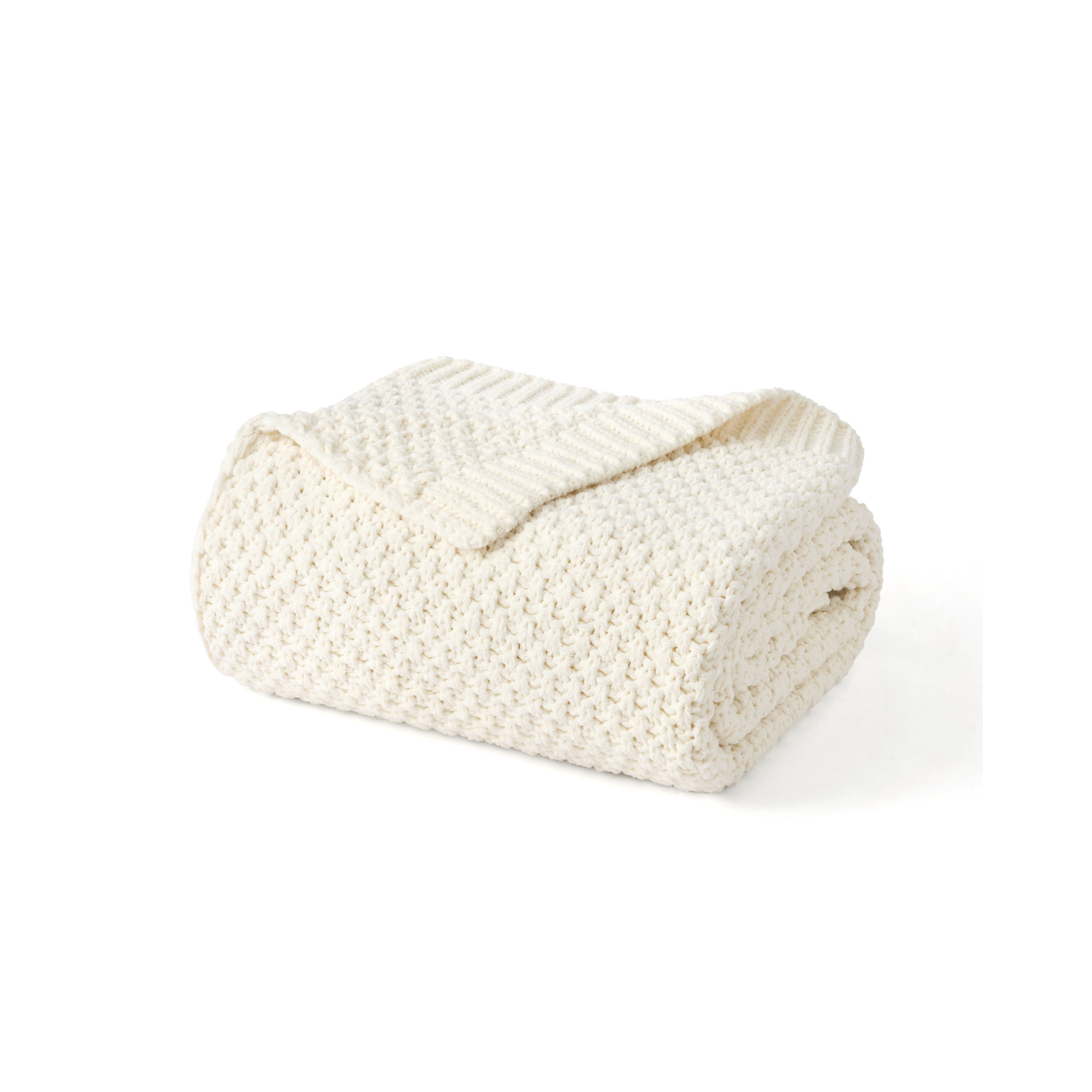 Chunky Chenille Knit Throw Blanket, Ivory White, 80" L x 60" W