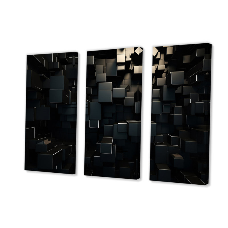 3D cube de briques noires 3D, reproduction sur toile, 3 pièces, H 28 po x l 36 po x P 1 po