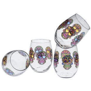 Culver Sugar Skulls 15 oz. Stemless Wine Glass (Set of 4)